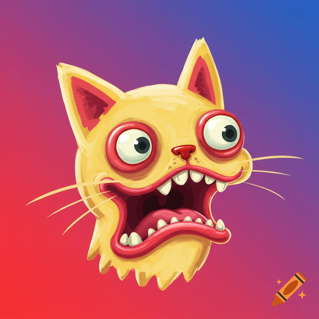 A screaming yellow cartoon cat head with large eyes.