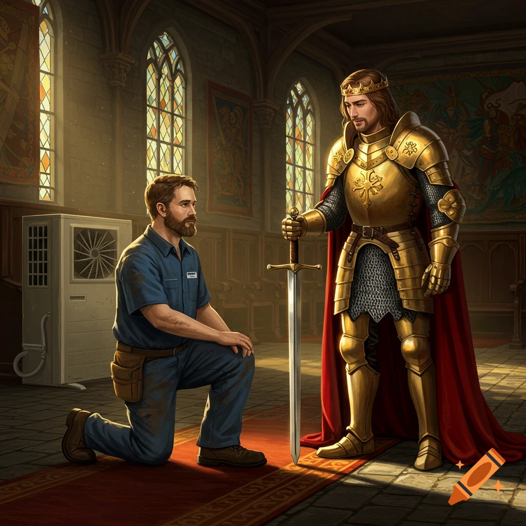 Man in service uniform kneels before king in golden armor holding sword inside church with HVAC unit.