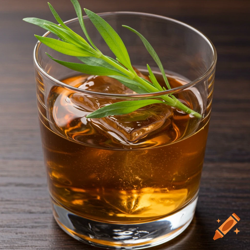 A glass of bourbon with ice and a tarragon sprig on a wooden table.
