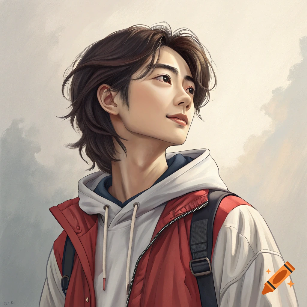 Illustration of a young person with brown hair, wearing a red jacket and white hoodie, looking up and to the right.