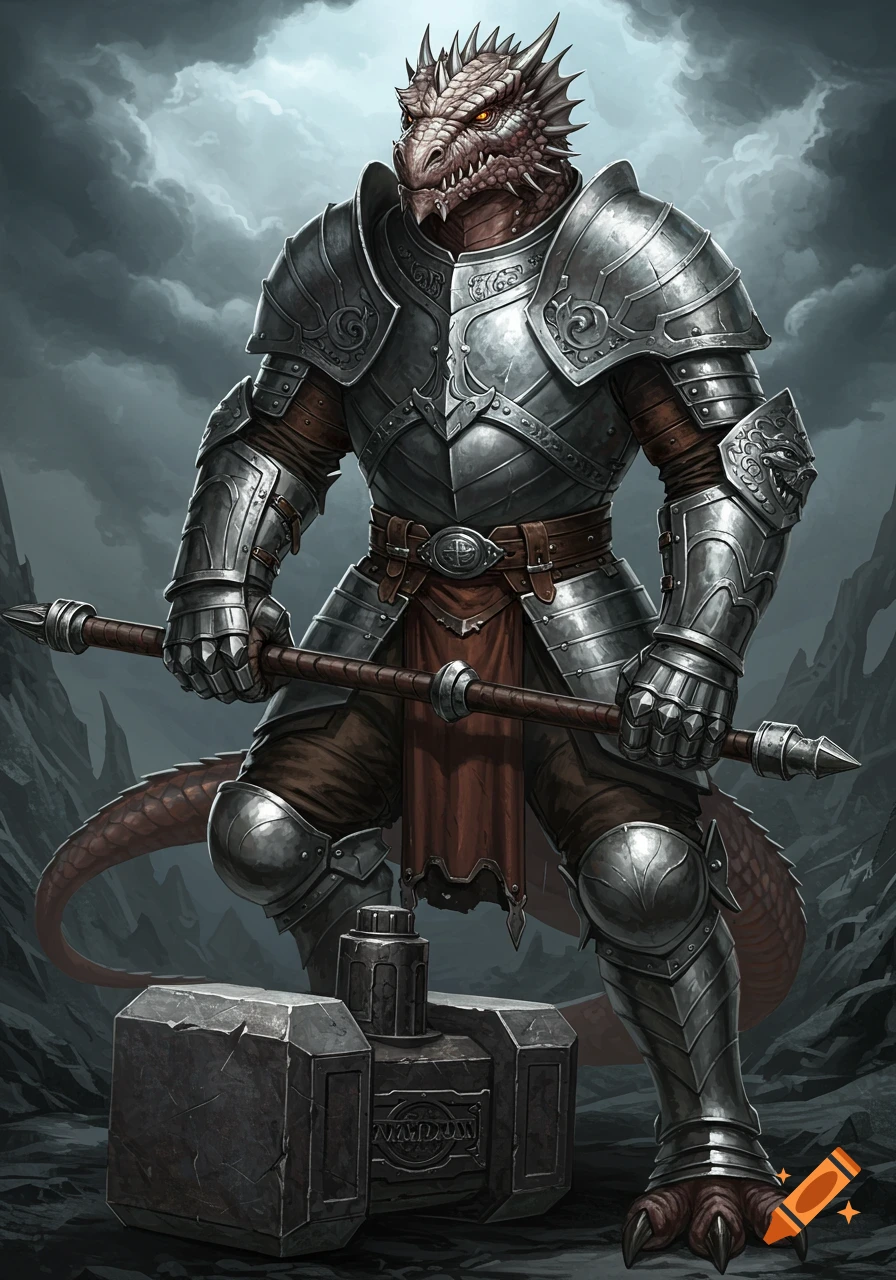 A dragon-man in full plate armor holds a staff and stands next to a large hammer under a stormy sky.