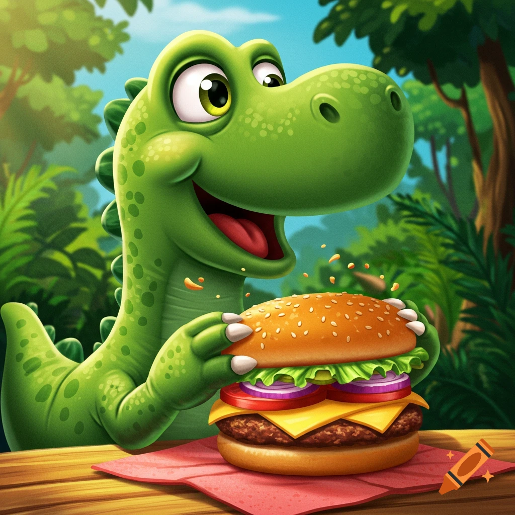 A cartoon green dinosaur holds a large hamburger in a forest.