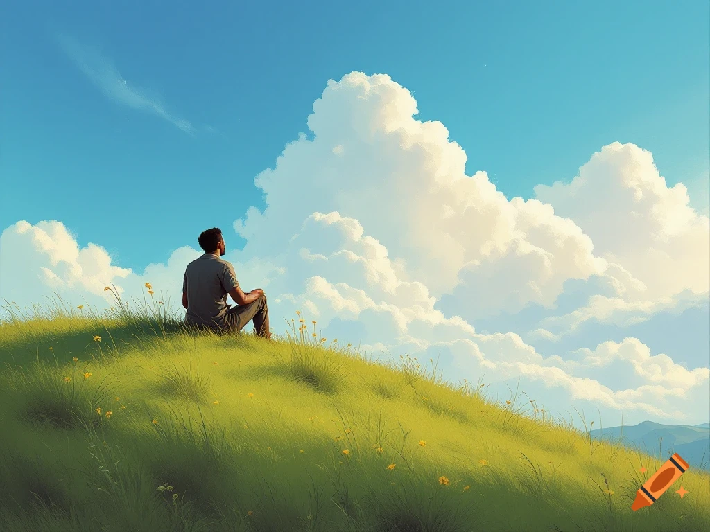 A man sits on a grassy hill looking up at large, fluffy clouds in a blue sky.
