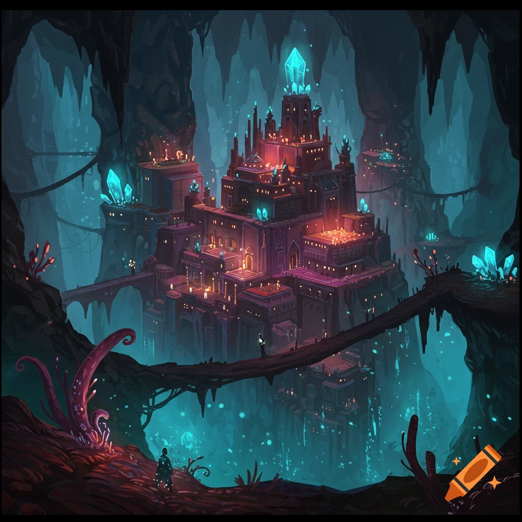 A large fantasy city built inside a luminous underground cave with bridges and glowing crystals.