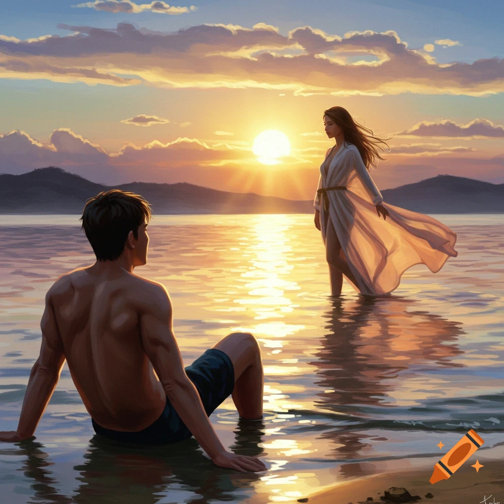 A man sits in shallow water and watches a woman in a flowing robe against a sunset.