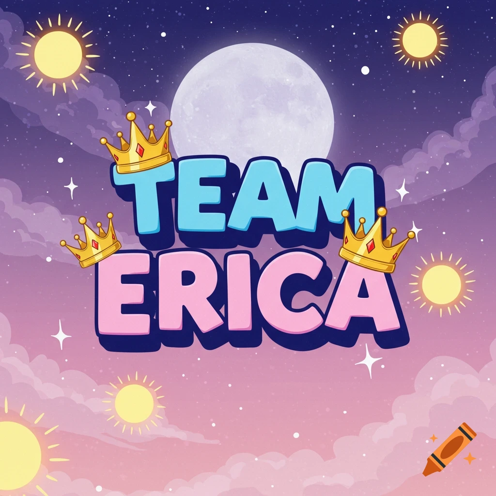 Bubble letters 'TEAM ERICA' with crowns against a celestial sky background with a moon, suns, and stars, illustration style.