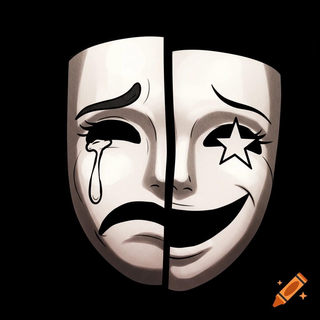 A stylized illustration of a mask split in half, one side showing a sad face with a tear, the other a happy face with a star.