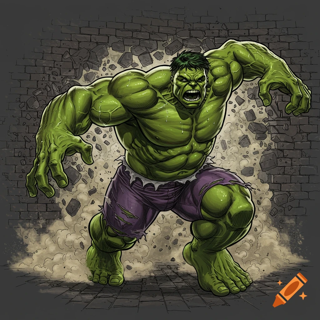 Comic style illustration of the Hulk smashing through a brick wall.