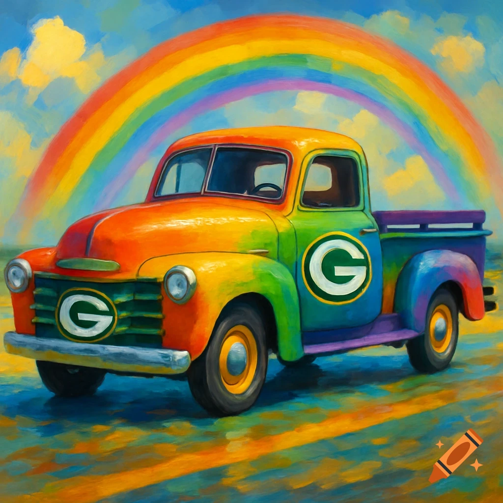 Rainbow-colored Green Bay Packers truck with a rainbow overhead.