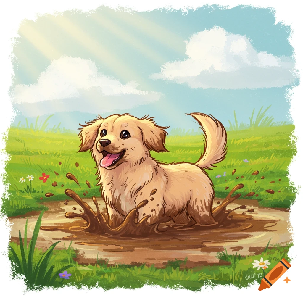 Golden retriever puppy splashing in a mud puddle in a grassy field, digital illustration.