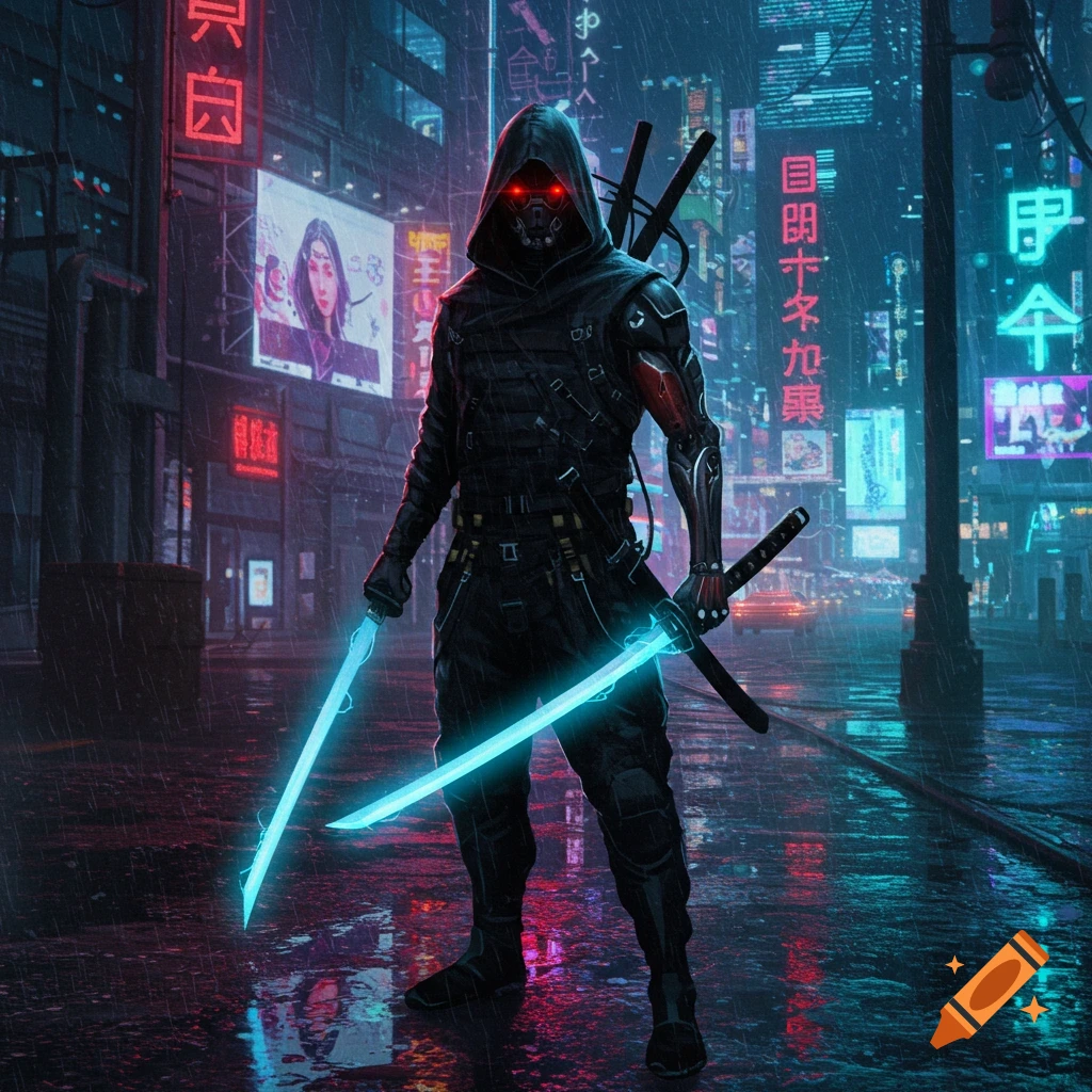 A cyberpunk figure with glowing swords stands on a rainy city street.
