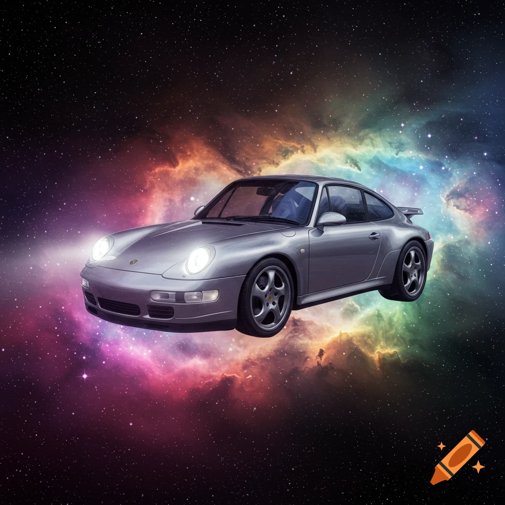 A silver Porsche in space with a vibrant nebula