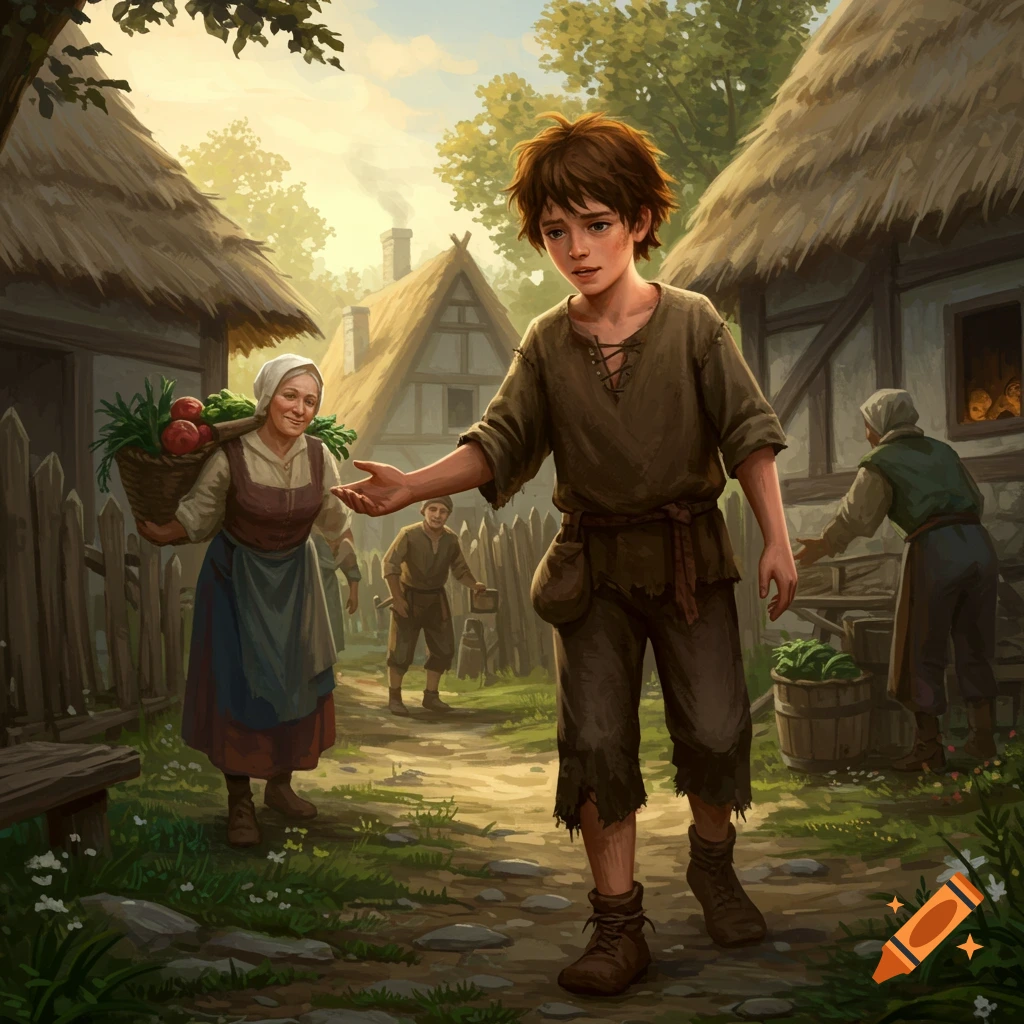 A young boy reaches out his hand in a medieval village street as an older woman carries a basket of vegetables.
