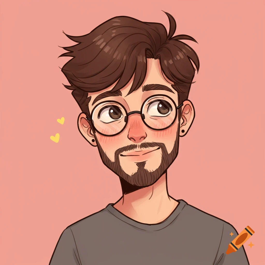 Cartoon portrait of a man with glasses, beard, and brown hair, in anime style