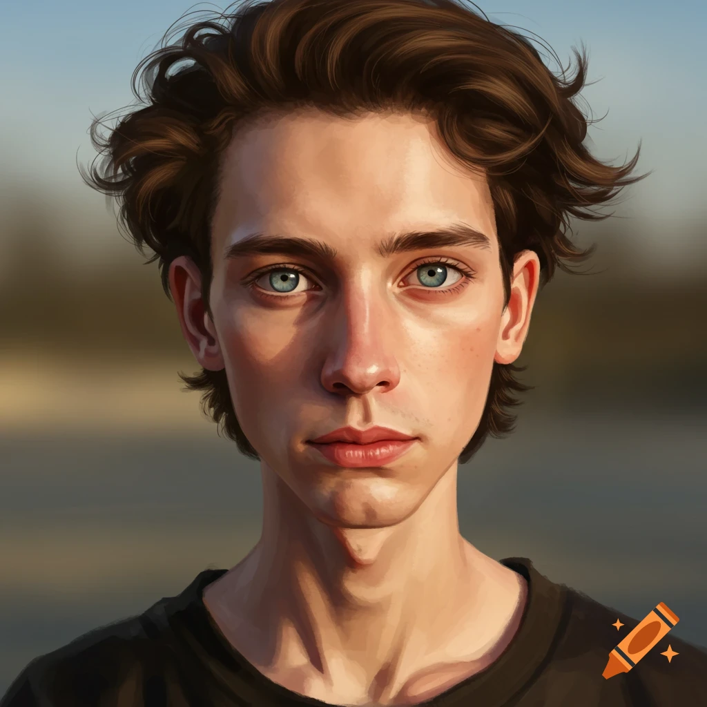 A close-up portrait of a young man with brown hair and blue eyes looking forward.