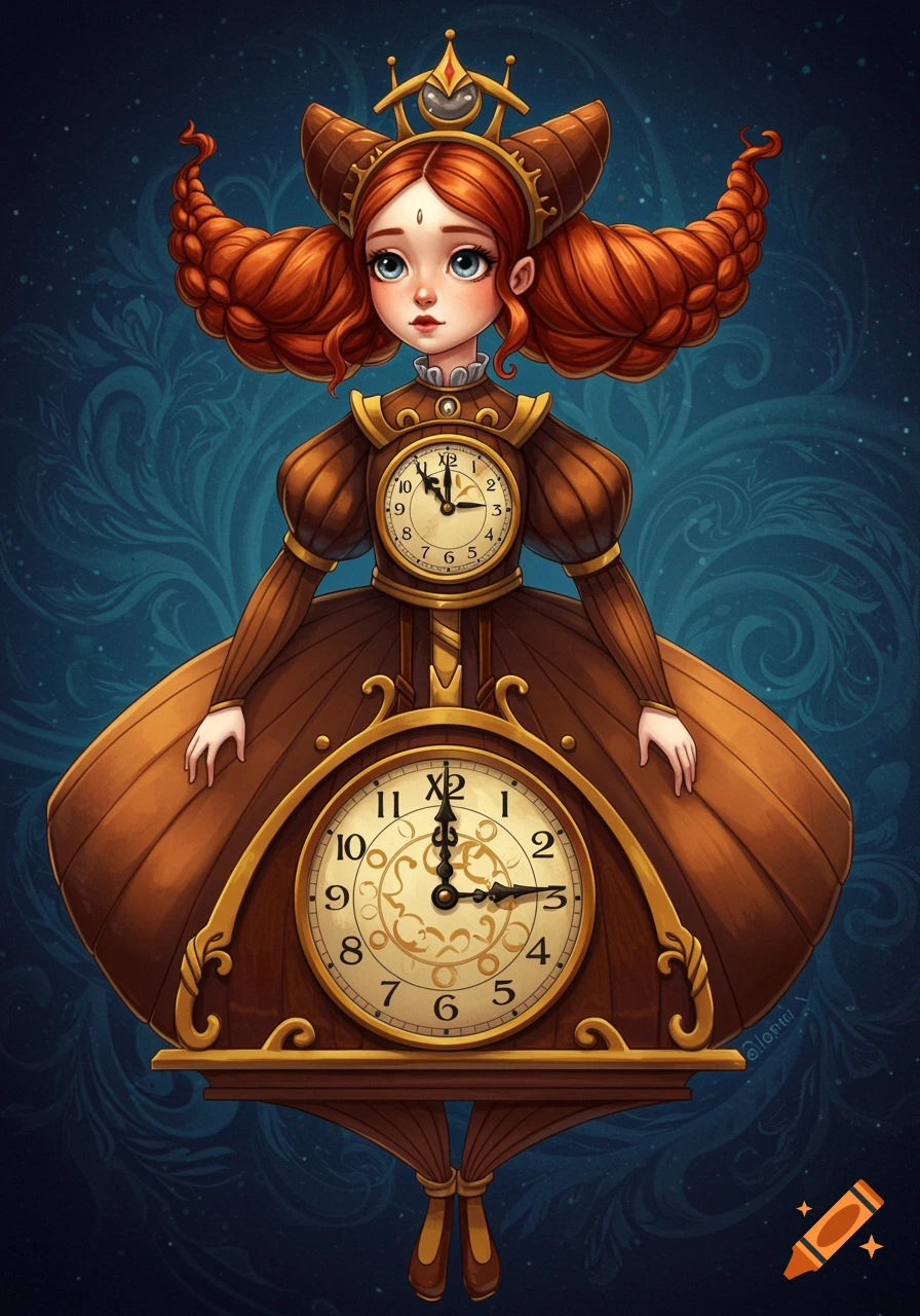 A whimsical girl dressed as a vintage grandfather clock.