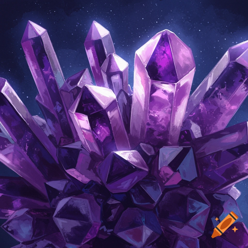 A cluster of purple crystals against a dark, starry background.