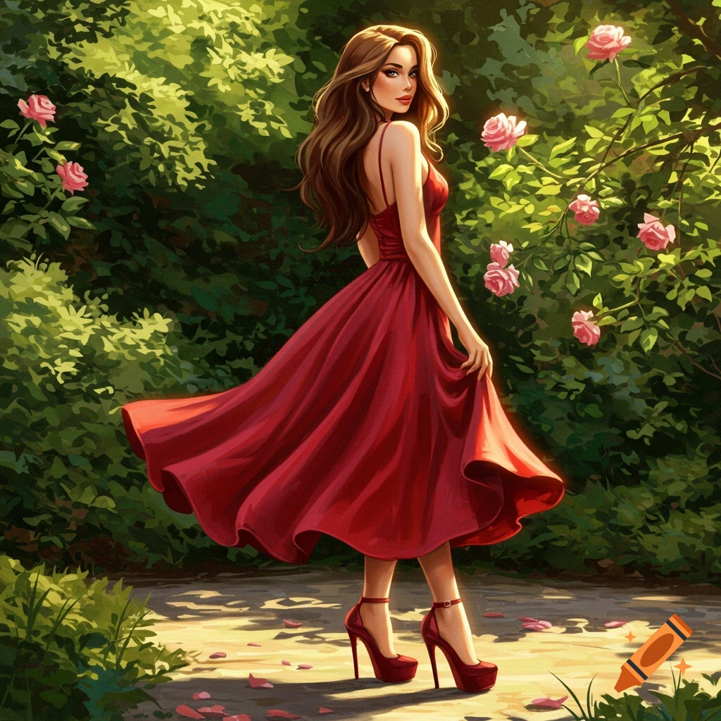 A woman in a flowing red dress and red heels walking in a sunny garden with pink roses.