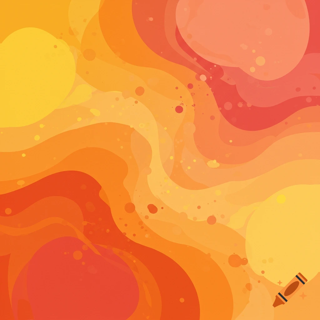 Abstract image with wavy layers and circles in shades of orange, yellow, and red.