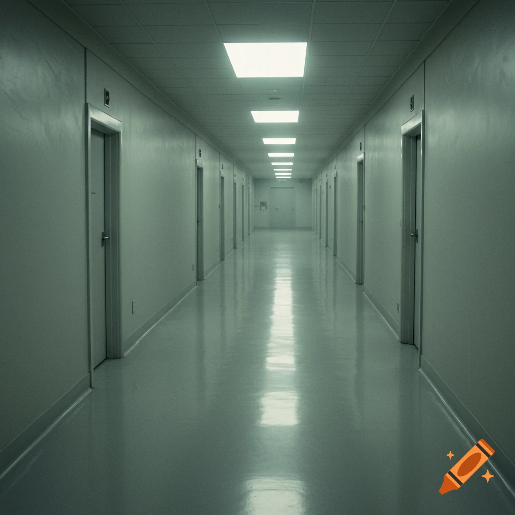 A long, empty hallway with bright fluorescent lights in the ceiling reflecting on the glossy floor.