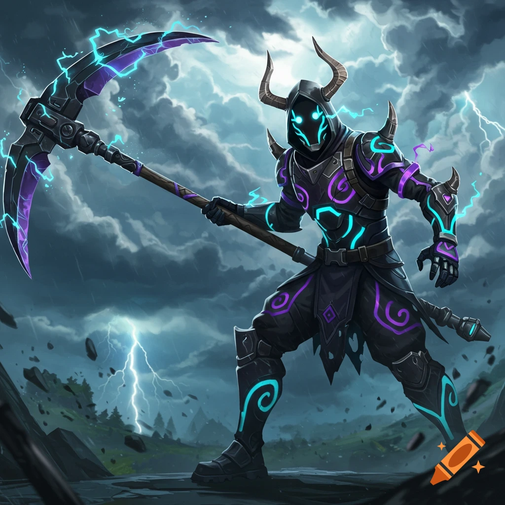 A dark fantasy character with horns and glowing armor holds a scythe under a stormy sky with lightning.