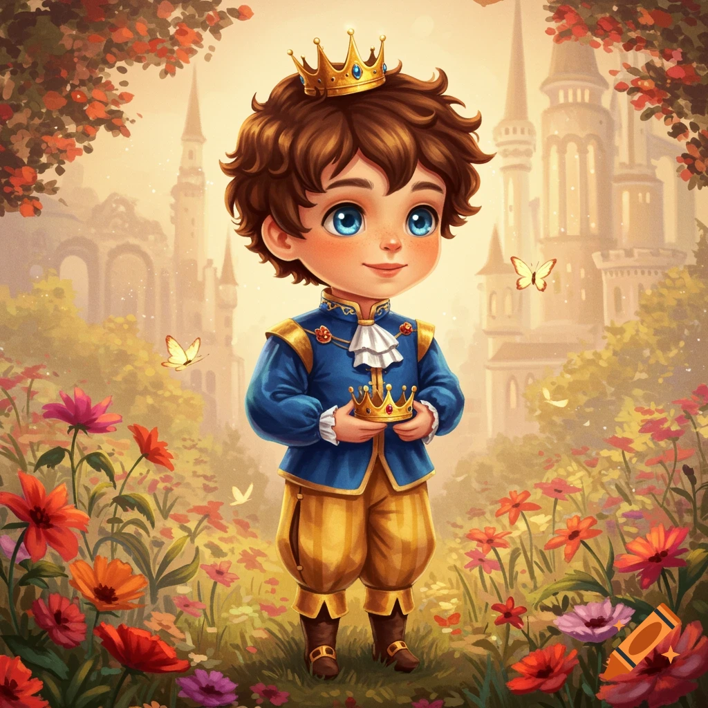 Whimsical depiction of a young prince holding a crown in a flower meadow with a castle.