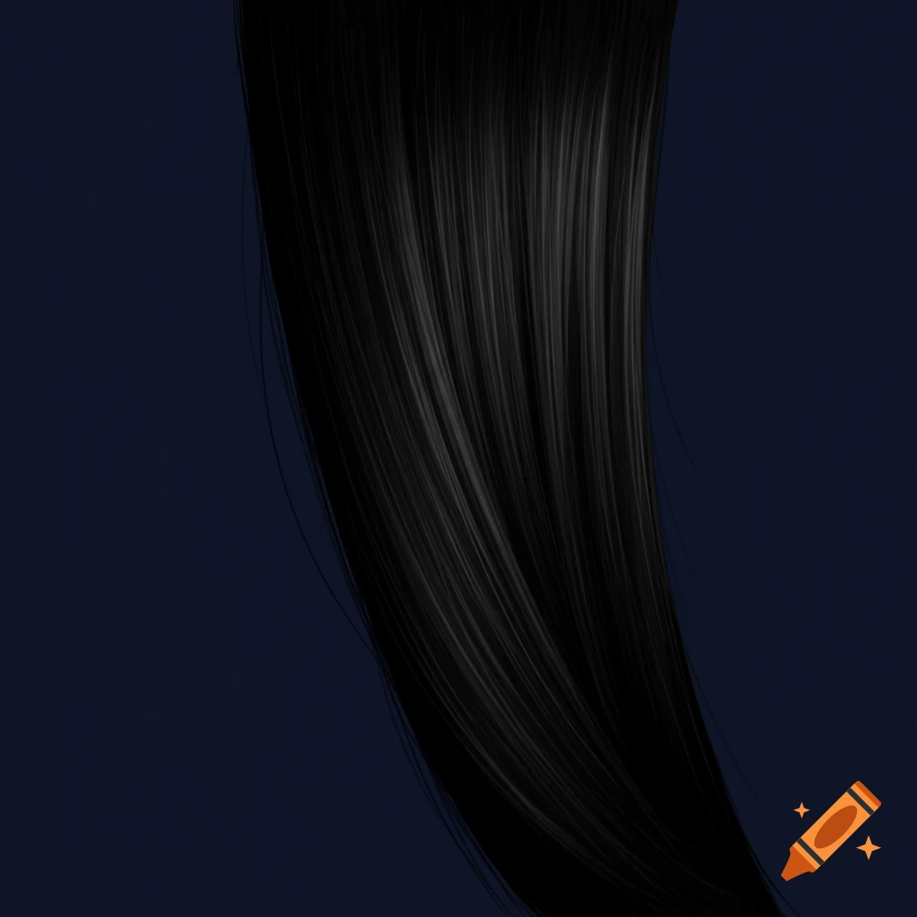 Sleek black hair flowing against a dark blue background