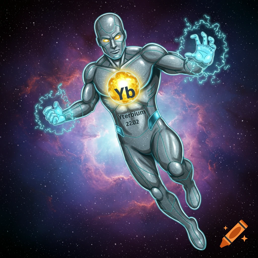A metallic superhero representing Ytterbium flies through space, with a glowing symbol on his chest.
