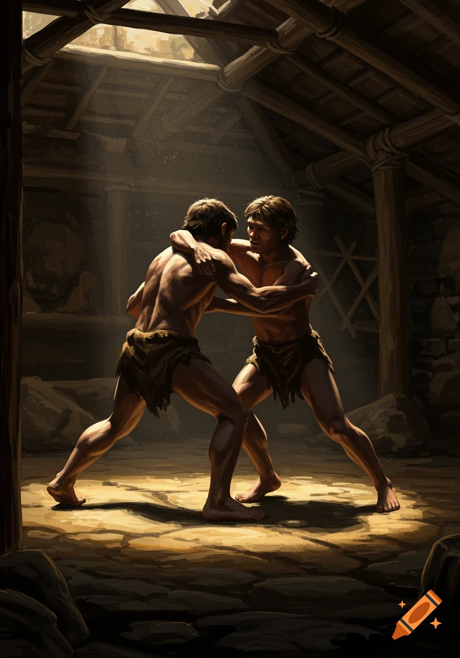Two early humans wrestling in a dimly lit hut.