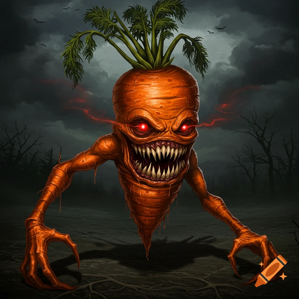 A scary carrot monster with glowing red eyes and sharp teeth in a dark, spooky setting.