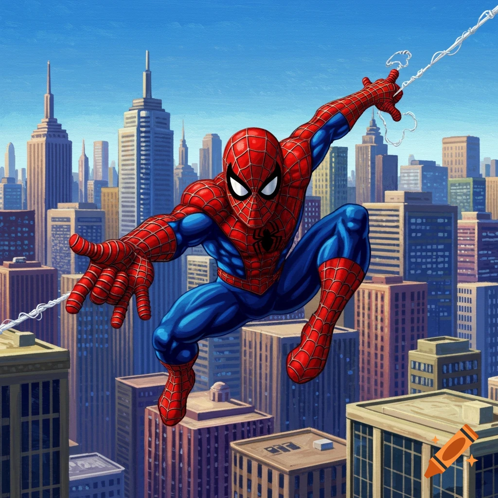 Spider-Man swinging through a city skyline
