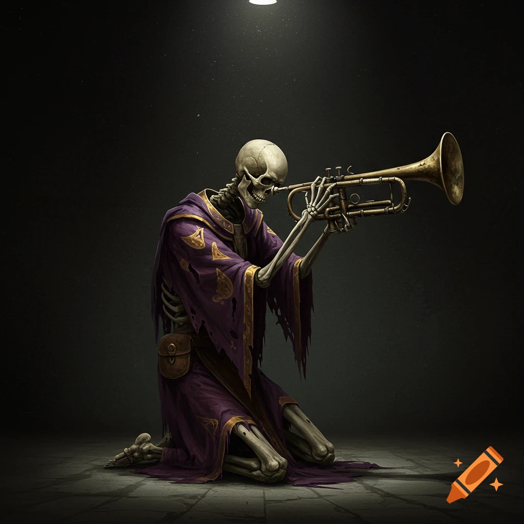 A skeleton in a purple robe kneels and plays a trumpet under a spotlight.