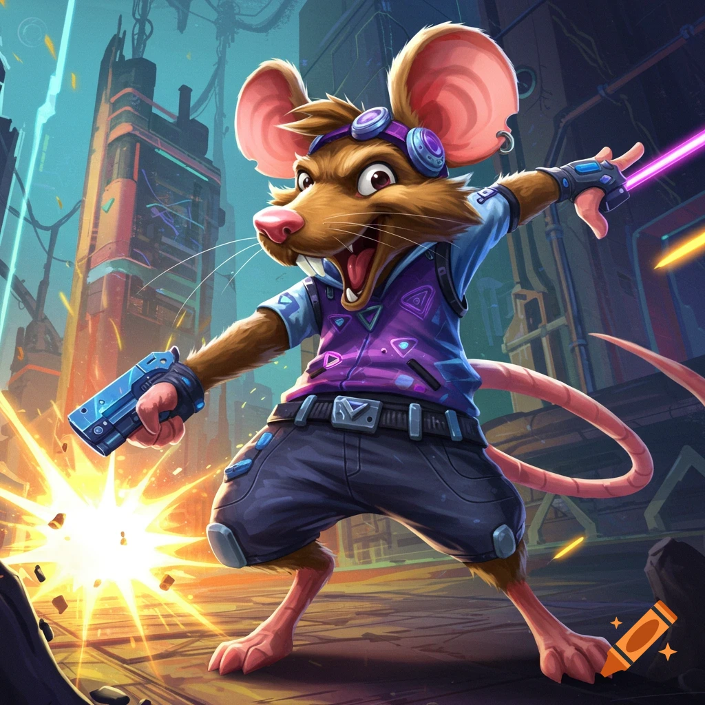 Stylized depiction of a rat holding a gun and laser beam in a cyberpunk city scene.