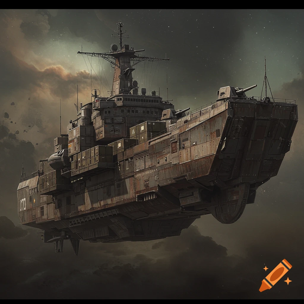 A grim dark science fiction cargo ship flies through stormy clouds.