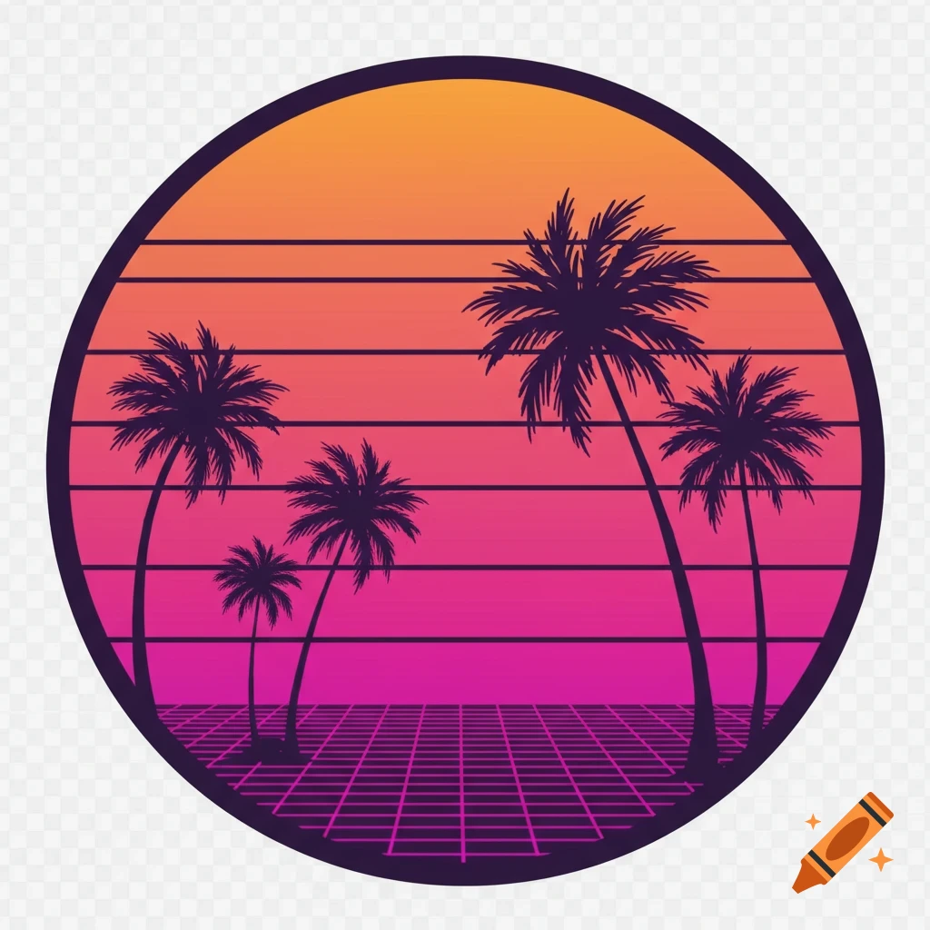 Synthwave retro sunset with palm trees and grid pattern in a circle