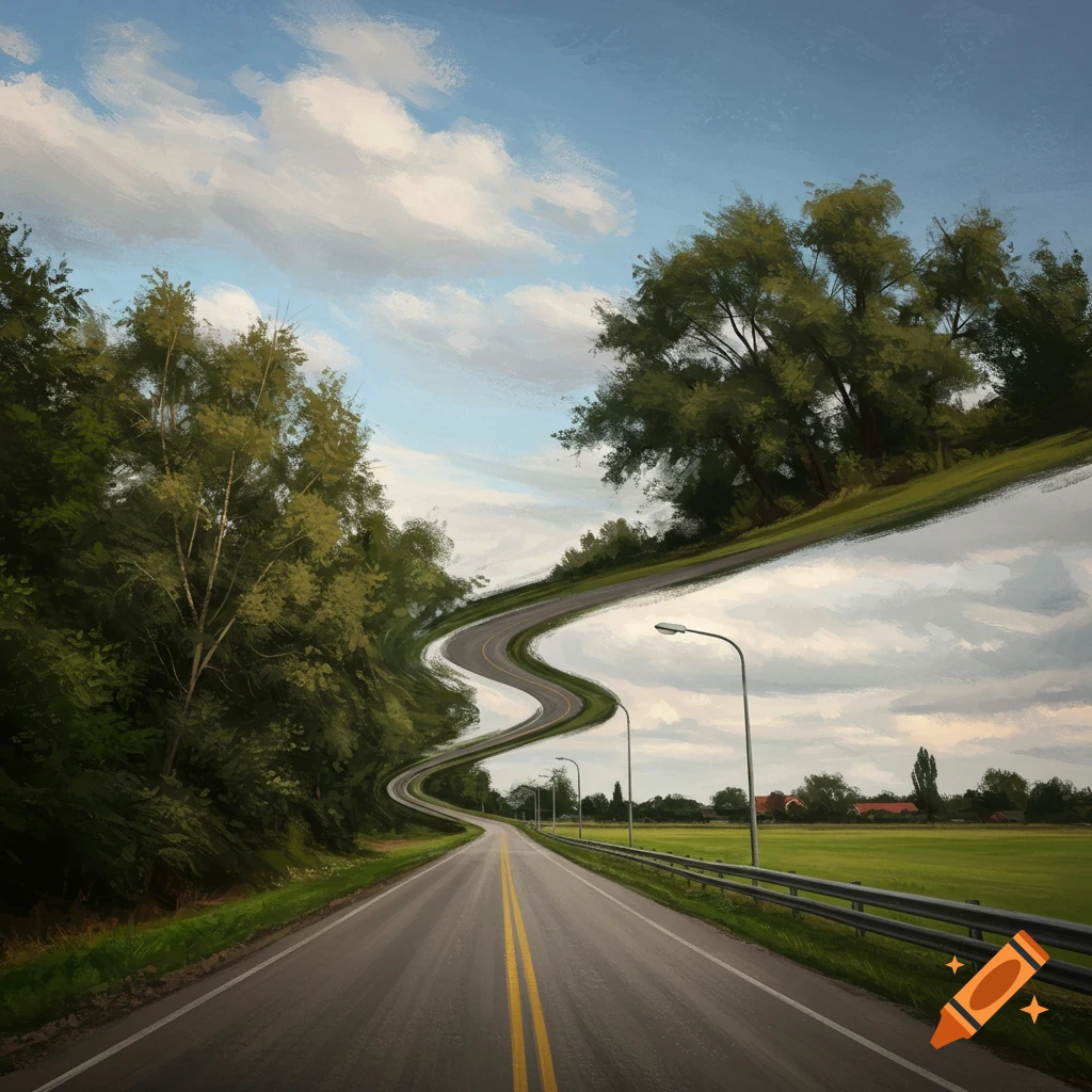 A wavy road winding through a green landscape under a cloudy sky