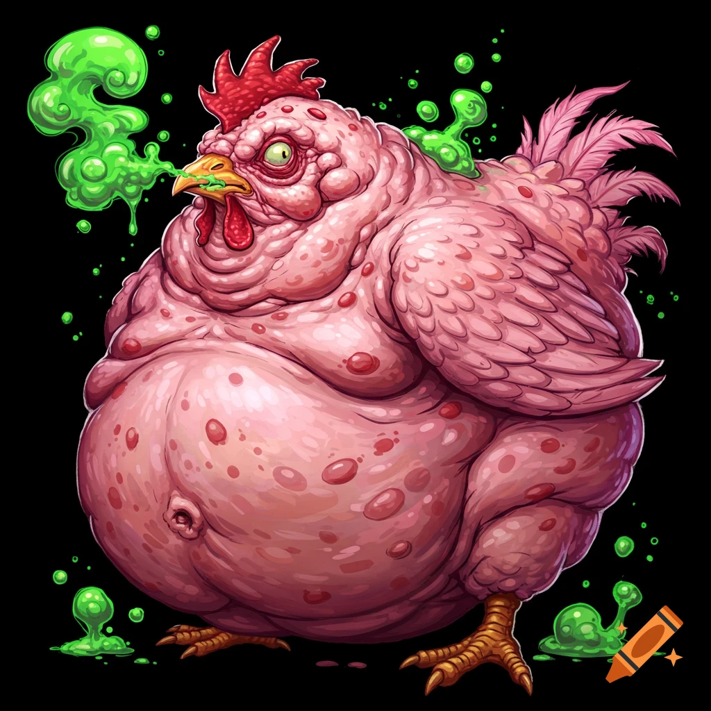 An extremely fat, grotesque chicken with green acid breathing.