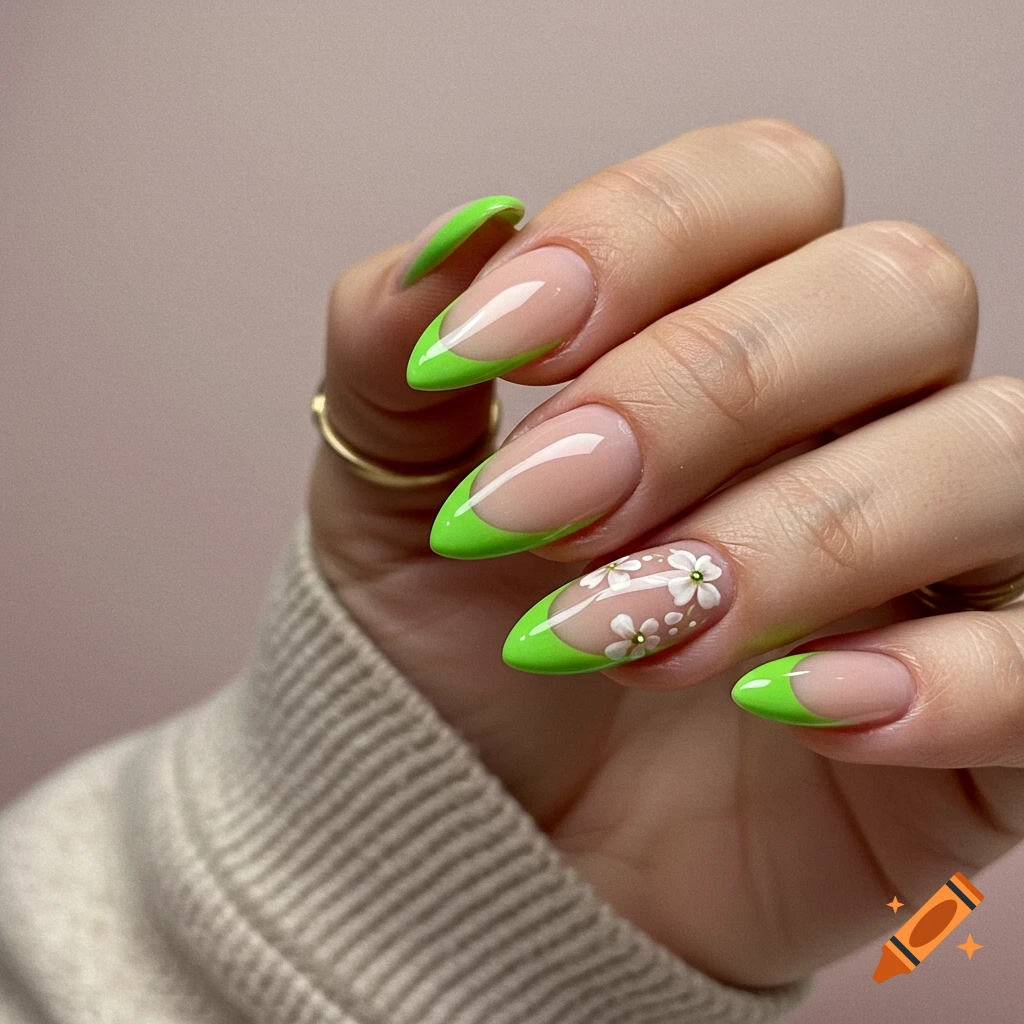 Close-up of a hand with green hollow French tip almond nails decorated with small white flowers.