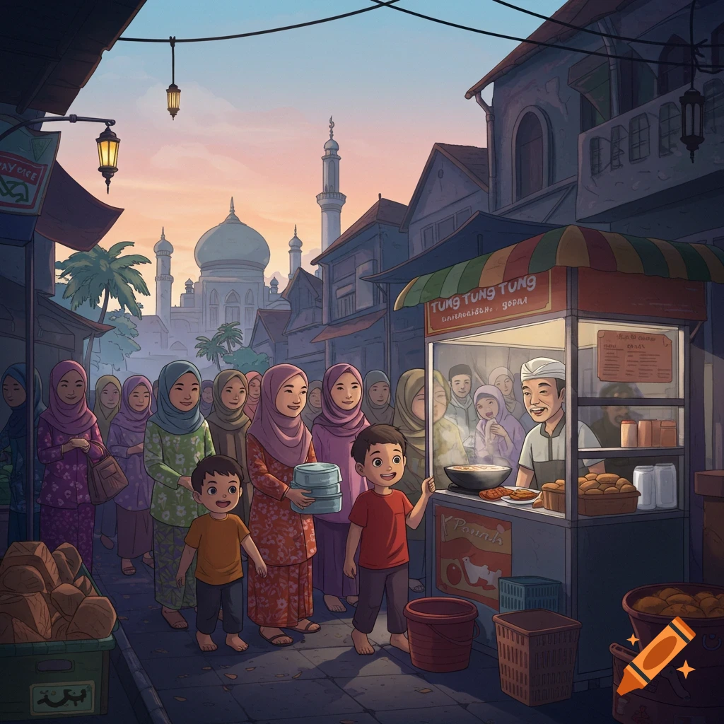 A bustling street market scene with a food stall, people, and a mosque in the background.