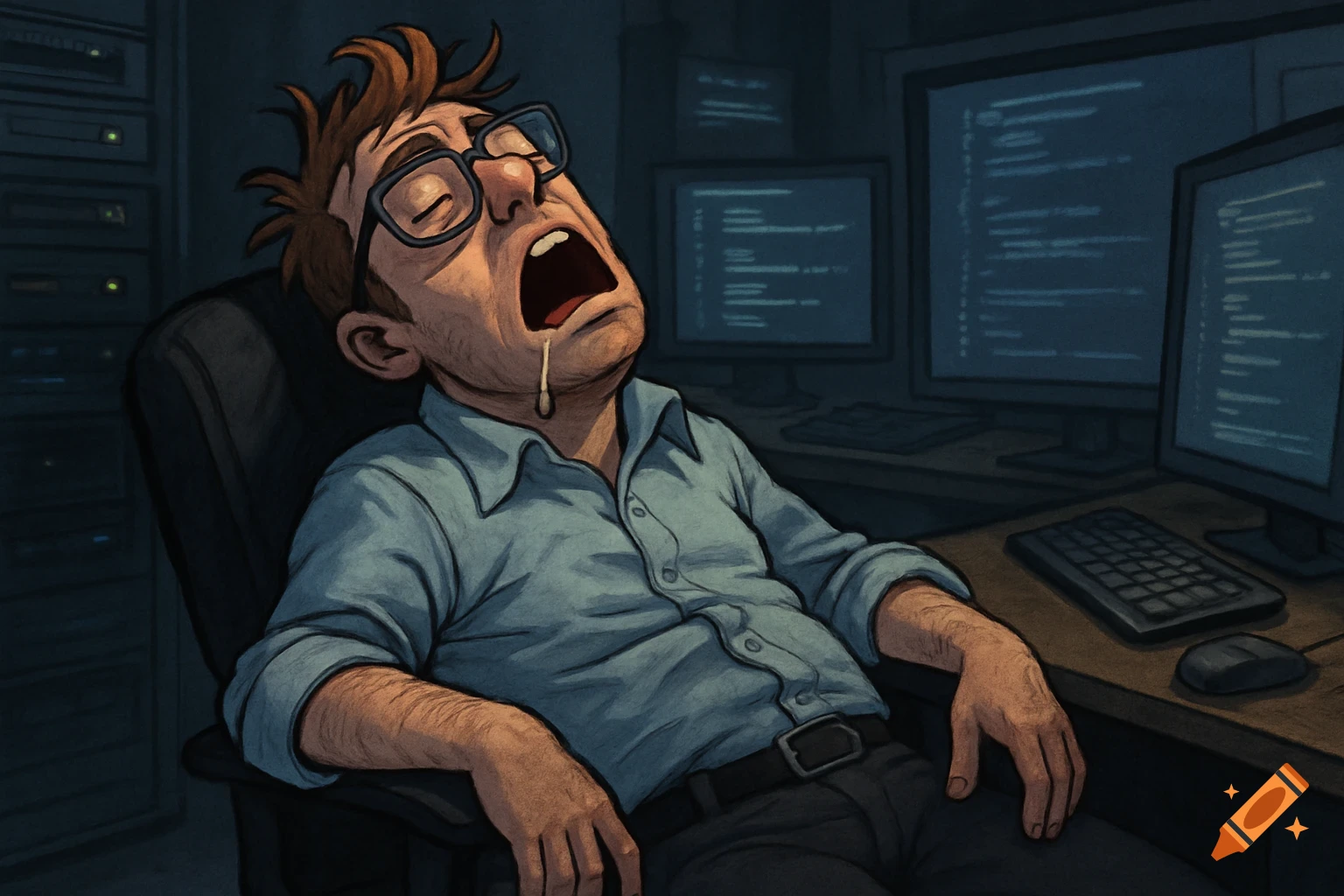 An illustration of a tired person asleep at a computer desk with monitors displaying code.