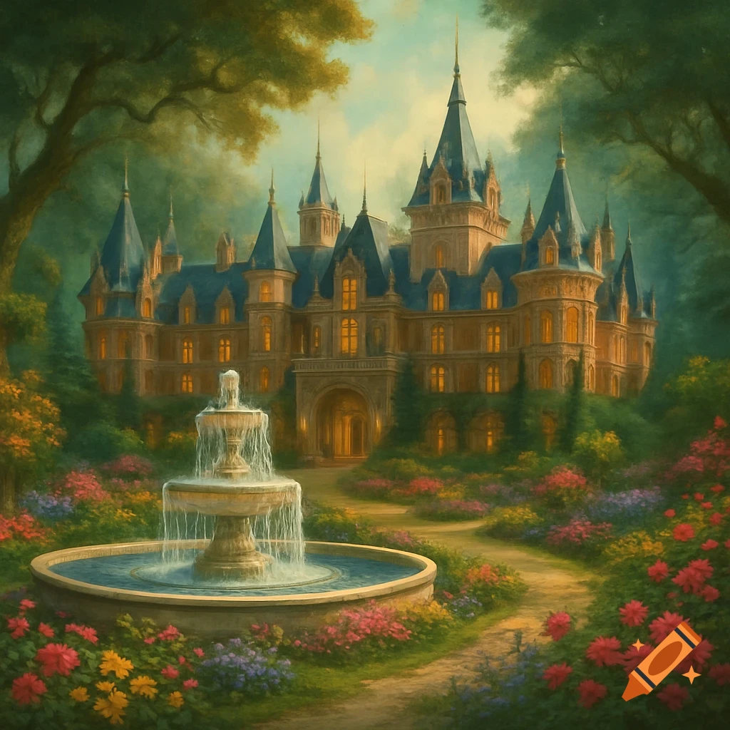 A luxurious fairy tale castle resort with a fountain and lush gardens.