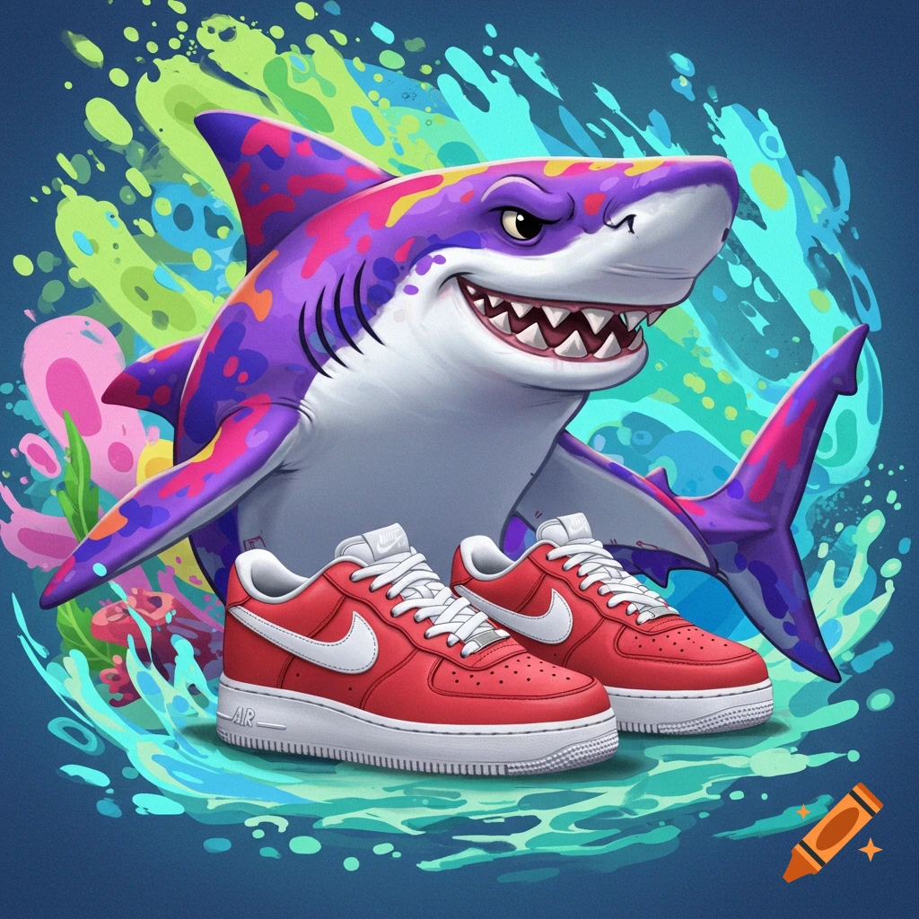 Cartoon shark standing in water next to red and white sneakers in a vibrant digital art style.