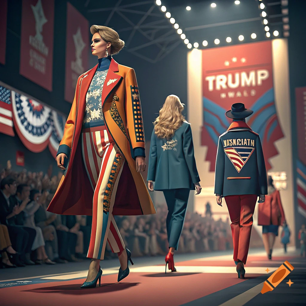 Models walk a runway in patriotic-themed fashion with political banners