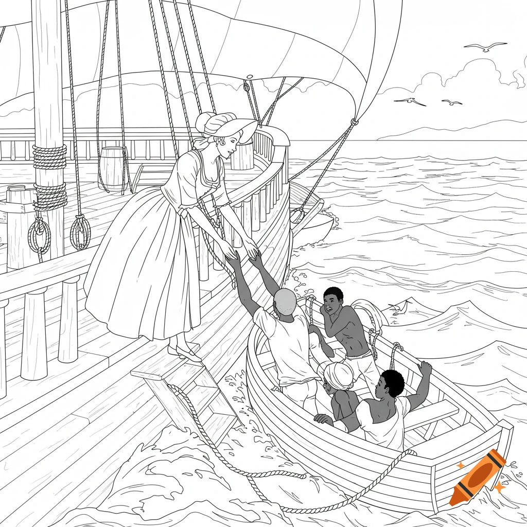 Line drawing coloring page of a woman on a ship reaching down to people in a small boat.