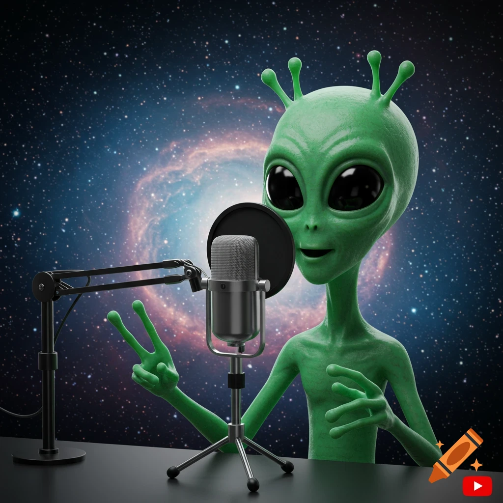 A green alien recording a podcast with a microphone against a starry galaxy background.