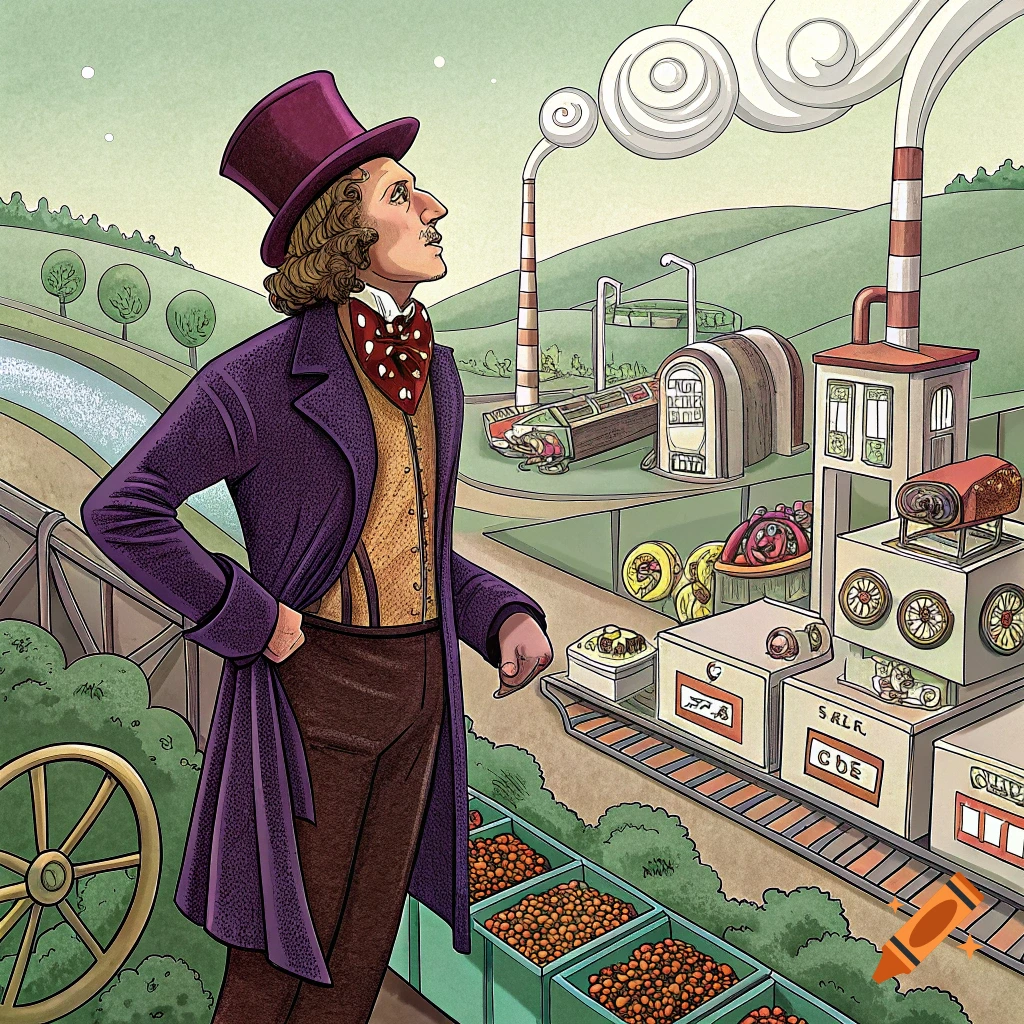 Illustration of a man in a top hat and purple coat standing beside a factory and crates of goods.