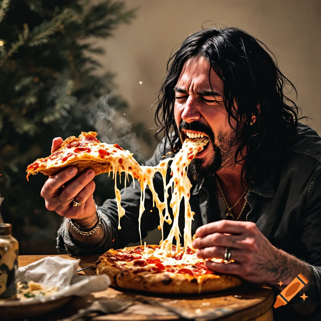 A person intensely eats a large slice of pizza with a long cheese pull.
