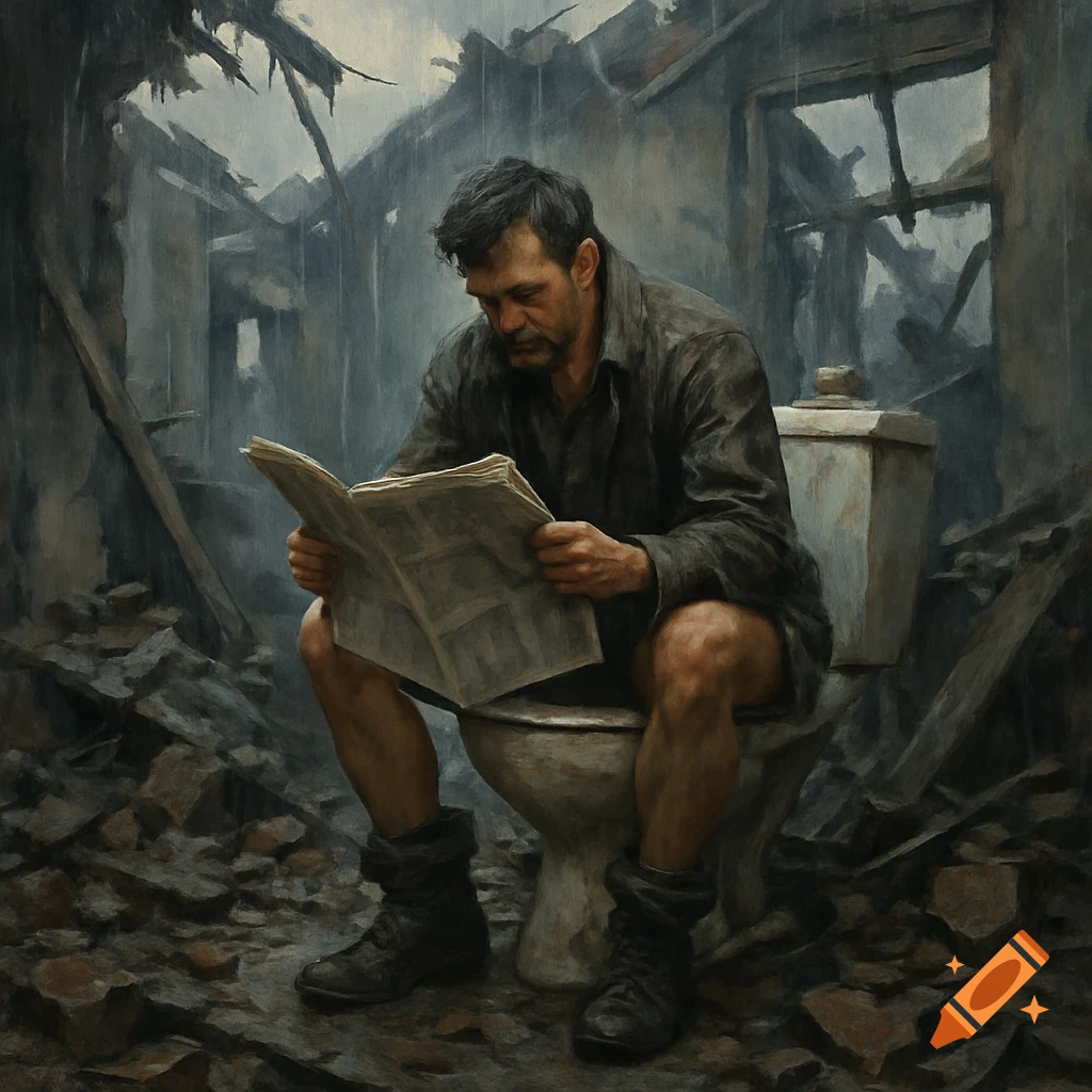 A man sits on a toilet reading a newspaper in the ruins of a building while it rains.
