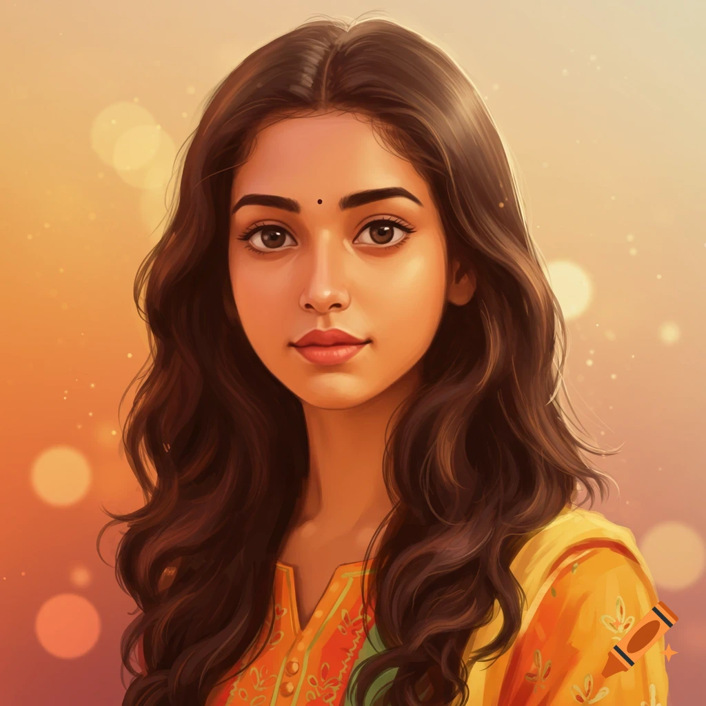 A young Indian woman with long wavy dark hair, wearing a yellow top, on a soft background.