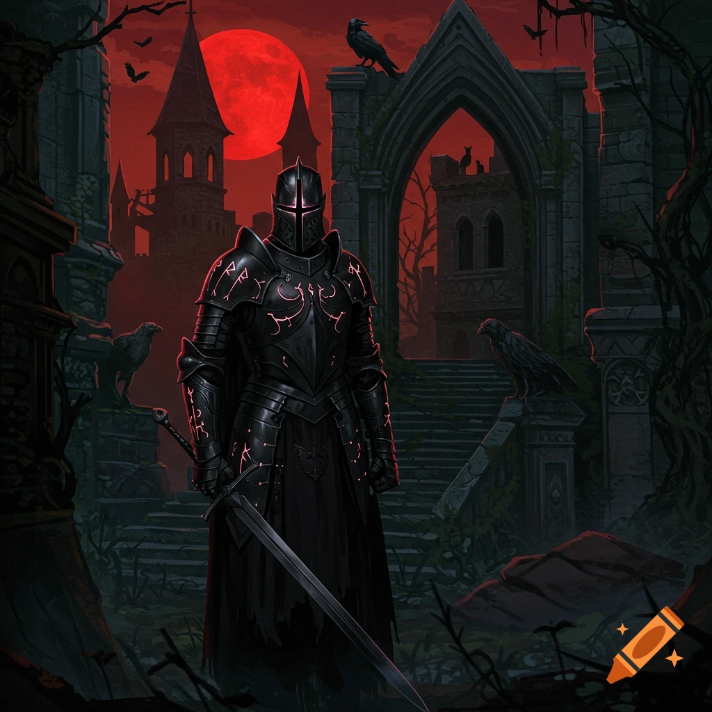 A dark knight in glowing armor stands before castle ruins under a red moon in a dark fantasy style.